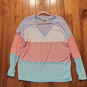 Oversized Pastel Colorblock V-Neck Long Sleeve Top (Blue, Pink, White) Size LG
